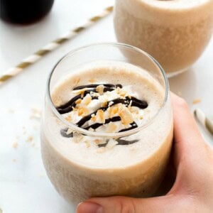 Coffee Coconut Frappuccino (V +GF): a 3 ingredient recipe for deliciously thick, creamy frappes bursting with coffee and coconut flavor. #Vegan #Paleo #GlutenFree #DairyFree | BeamingBaker.com