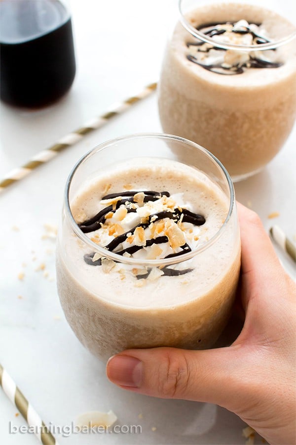 Coffee Coconut Frappuccino (V +GF): a 3 ingredient recipe for deliciously thick, creamy frappes bursting with coffee and coconut flavor. #Vegan #Paleo #GlutenFree #DairyFree | BeamingBaker.com