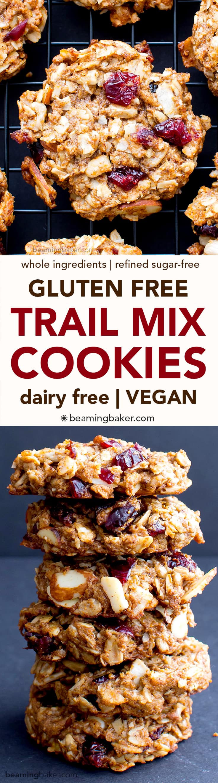 Gluten Free Trail Mix Cookies (V+GF): an easy recipe for chewy and satisfying protein-packed trail mix cookies, full of fruits, seeds and nuts. #Vegan #GlutenFree #DairyFree | BeamingBaker.com