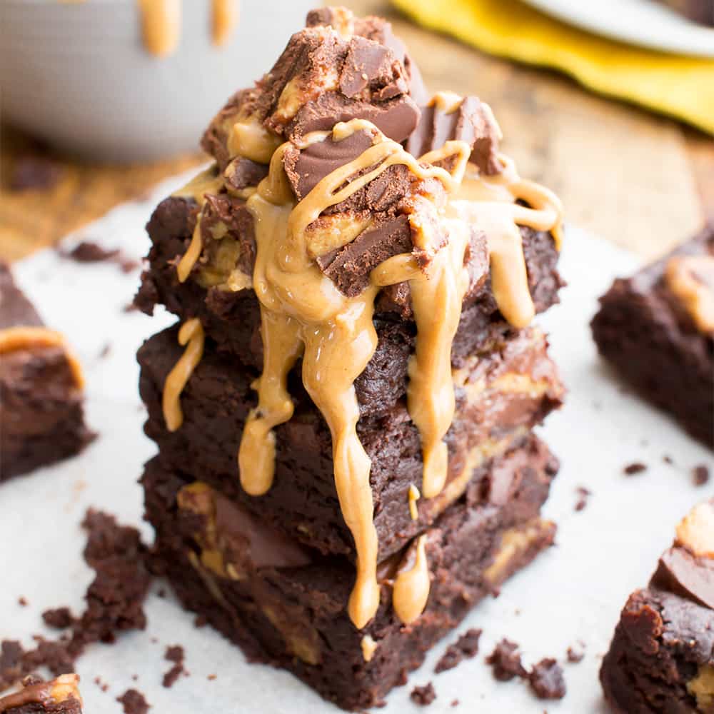 Gluten Free Vegan Peanut Butter Cup Brownies (V+GF): rich, fudgy, decadent brownies stuffed with delicious peanut butter cups. #Vegan #GlutenFree #DairyFree | BeamingBaker.com