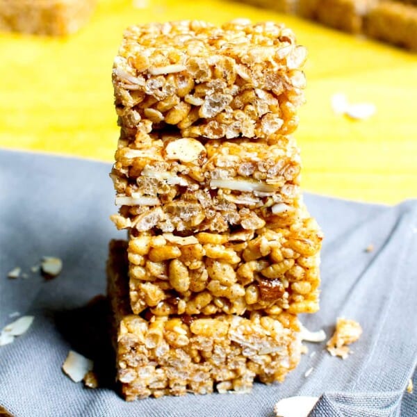 Toasted Coconut Almond Rice Crispy Treats (V+GF): an easy, 5 ingredient recipe for sweetly satisfying, protein-packed toasted coconut rice crispy treats. #Vegan #GlutenFree #DairyFree | BeamingBaker.com