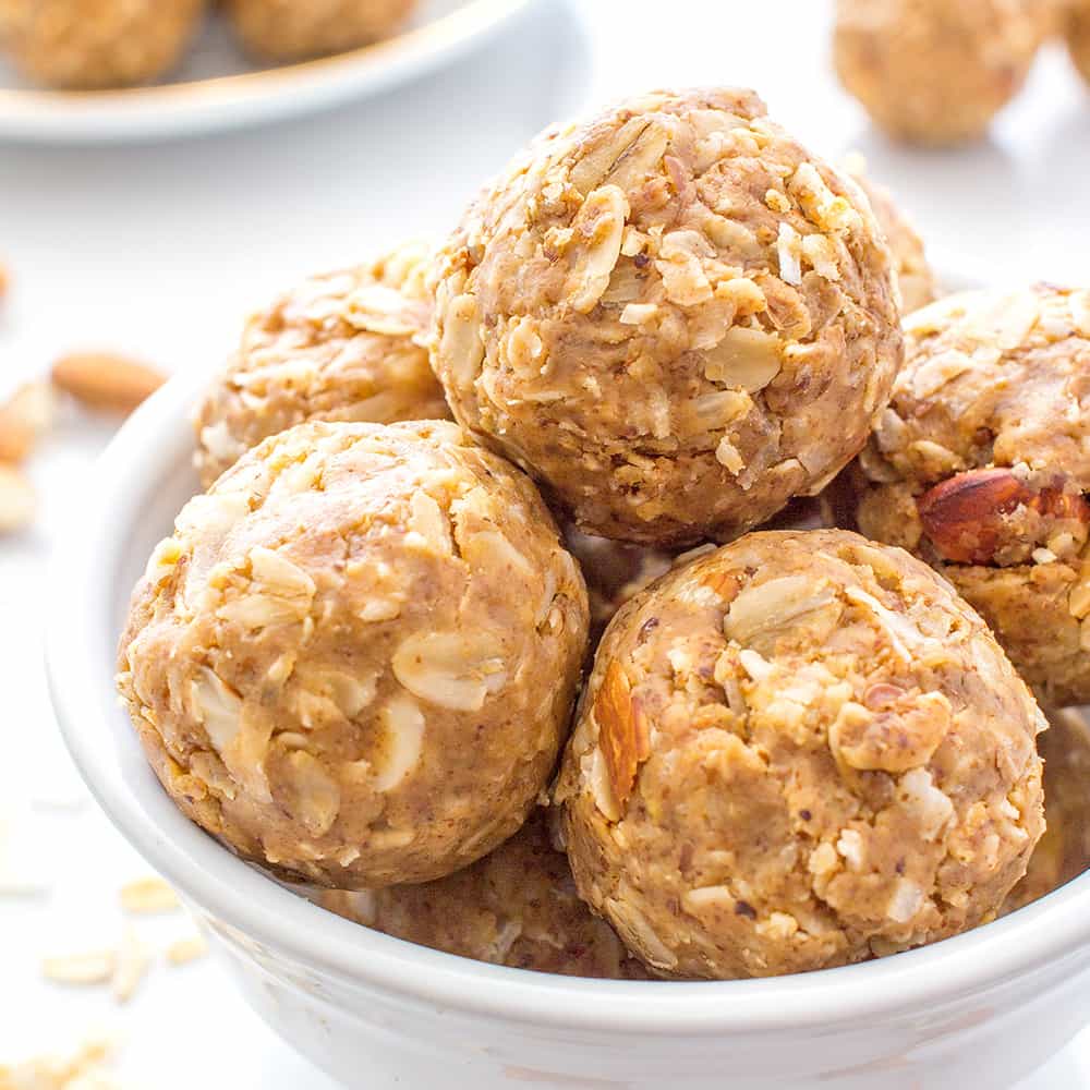 No Bake Almond Butter Coconut Bites (V+GF): Nutty, lightly sweet and satisfying energy bites made from just 6 simple ingredients. #Vegan #Gluten Free | BeamingBaker.com