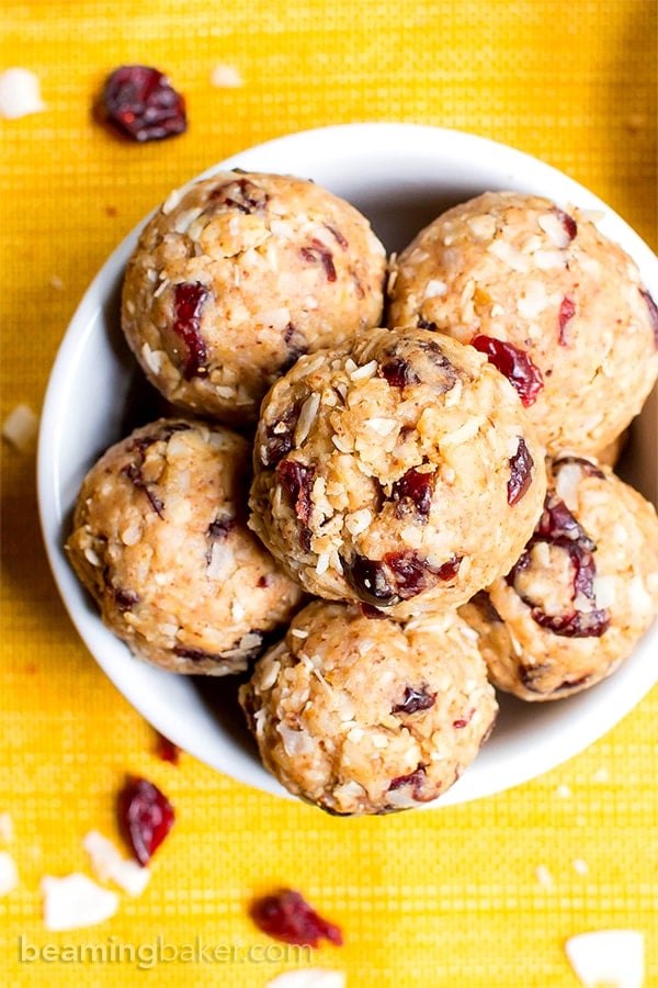 No Bake Cranberry Coconut Energy Bites (V, GF, DF): just 7 simple ingredients for delicious protein-packed energy bites. #Vegan #GlutenFree #DairyFree | BeamingBaker.com