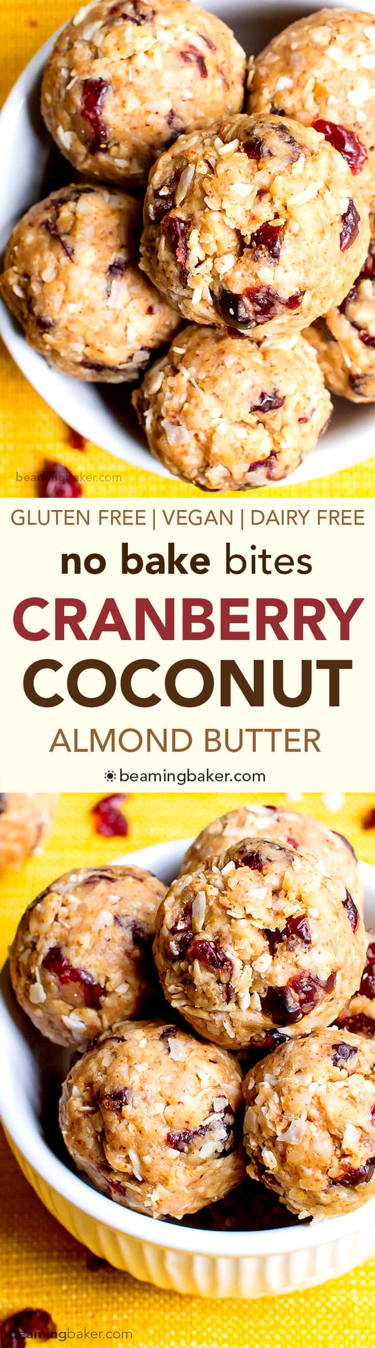 No Bake Cranberry Coconut Energy Bites (V, GF, DF): just 7 simple ingredients for delicious protein-packed energy bites. #Vegan #GlutenFree #DairyFree | BeamingBaker.com