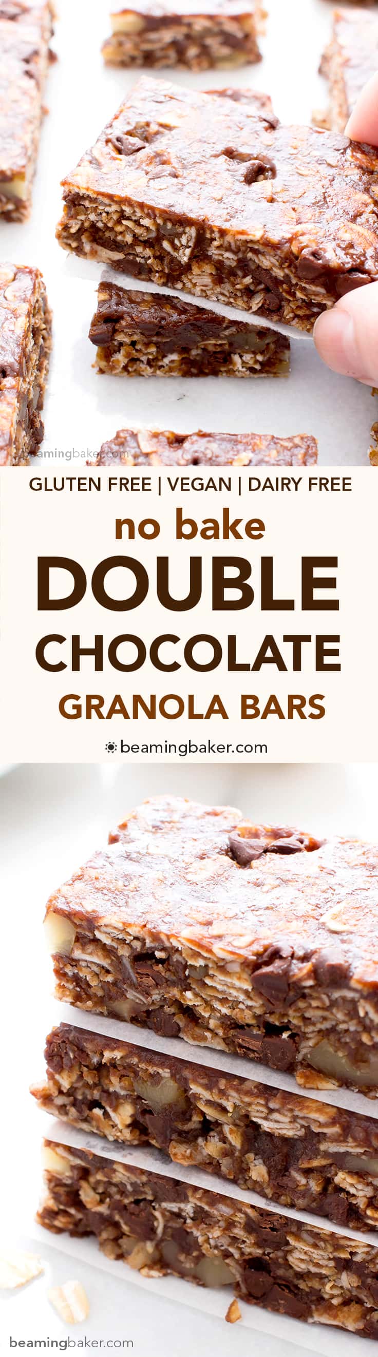 No Bake Double Chocolate Chip Granola Bars (V+GF): an easy recipe for deliciously chewy double chocolate granola bars made with simple ingredients. #Vegan #GlutenFree #DairyFree | BeamingBaker.com