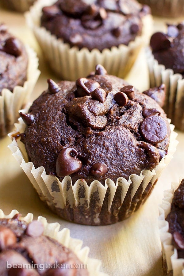 One Bowl Double Chocolate Banana Muffins (V+GF): a one bowl recipe for moist, rich chocolate banana muffins dotted with chocolate chips. #Vegan #OneBowl #GlutenFree #DairyFree | BeamingBaker.com