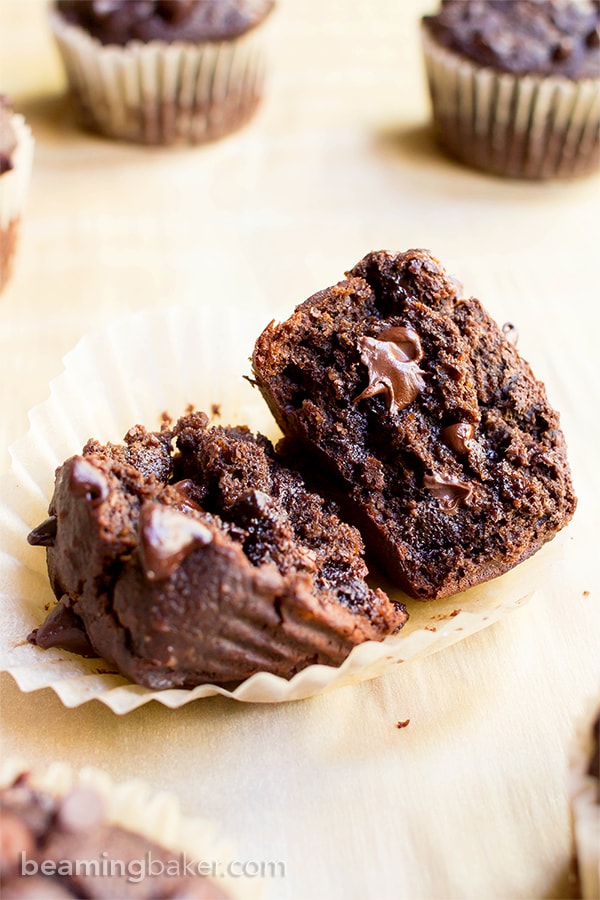 One Bowl Double Chocolate Banana Muffins (V+GF): a one bowl recipe for moist, rich chocolate banana muffins dotted with chocolate chips. #Vegan #OneBowl #GlutenFree #DairyFree | BeamingBaker.com