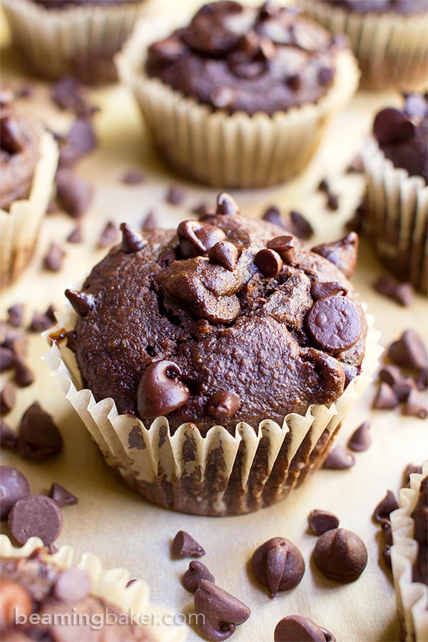 One Bowl Double Chocolate Banana Muffins (V+GF): a one bowl recipe for moist, rich chocolate banana muffins dotted with chocolate chips. #Vegan #OneBowl #GlutenFree #DairyFree | BeamingBaker.com