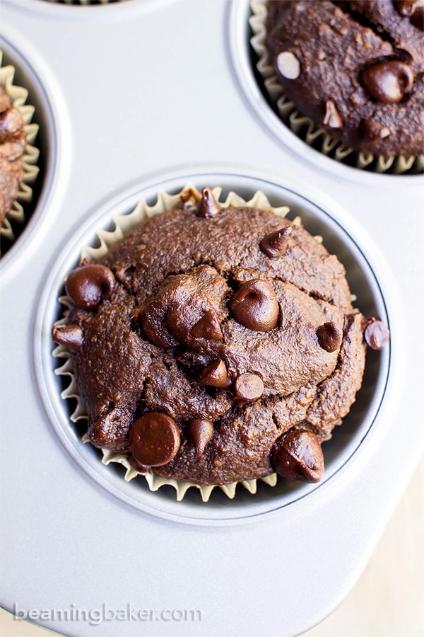 One Bowl Double Chocolate Banana Muffins (V+GF): a one bowl recipe for moist, rich chocolate banana muffins dotted with chocolate chips. #Vegan #OneBowl #GlutenFree #DairyFree | BeamingBaker.com