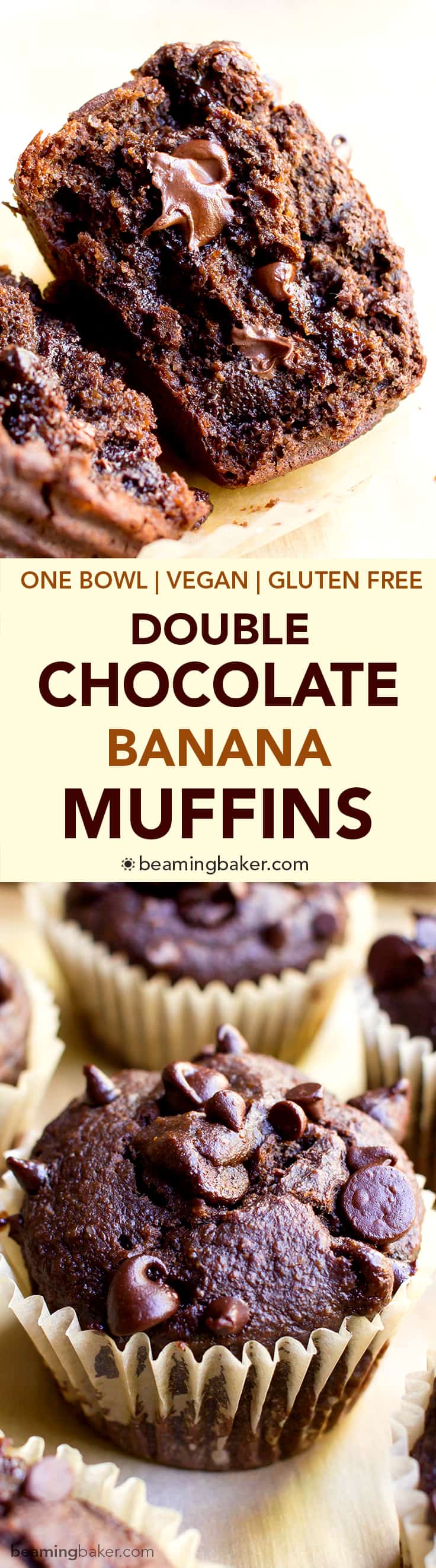 One Bowl Double Chocolate Banana Muffins (V+GF): a one bowl recipe for moist, rich chocolate banana muffins dotted with chocolate chips. #Vegan #OneBowl #GlutenFree #DairyFree | BeamingBaker.com