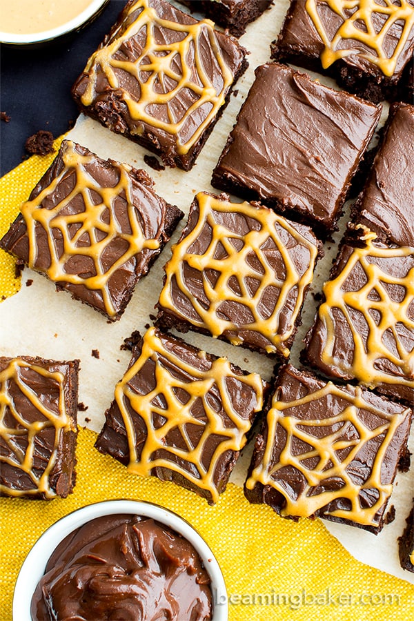 Chocolate Peanut Butter Spiderweb Brownies (V, GF, DF): a spooky Halloween recipe for decadently rich brownies covered in peanut butter spiderwebs! #Vegan #GlutenFree #DairyFree | BeamingBaker.com