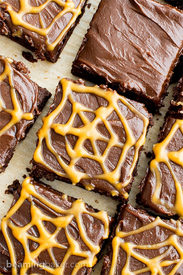 Chocolate Peanut Butter Spiderweb Brownies (V, GF, DF): a spooky Halloween recipe for decadently rich brownies covered in peanut butter spiderwebs! #Vegan #GlutenFree #DairyFree | BeamingBaker.com