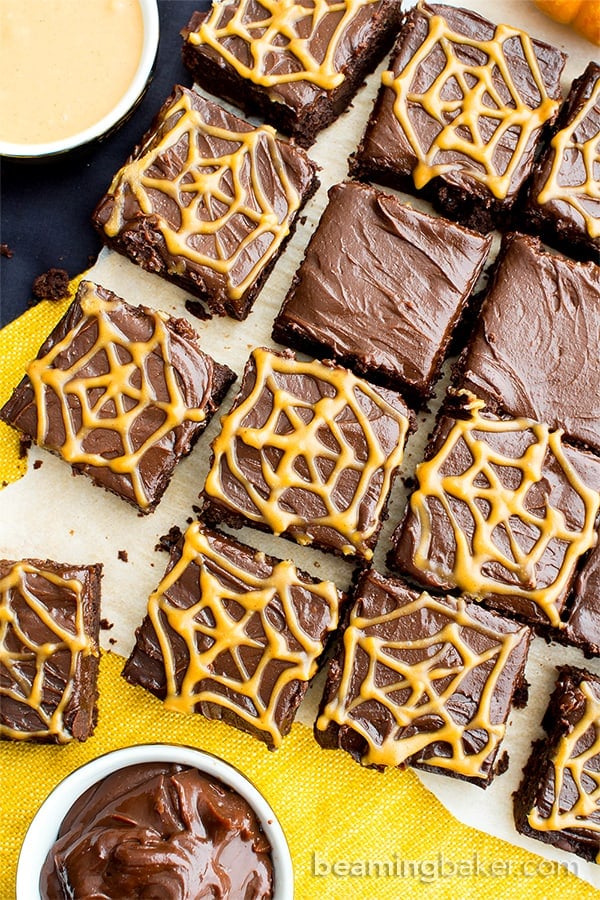 Chocolate Peanut Butter Spiderweb Brownies (V, GF, DF): a spooky Halloween recipe for decadently rich brownies covered in peanut butter spiderwebs! #Vegan #GlutenFree #DairyFree | BeamingBaker.com