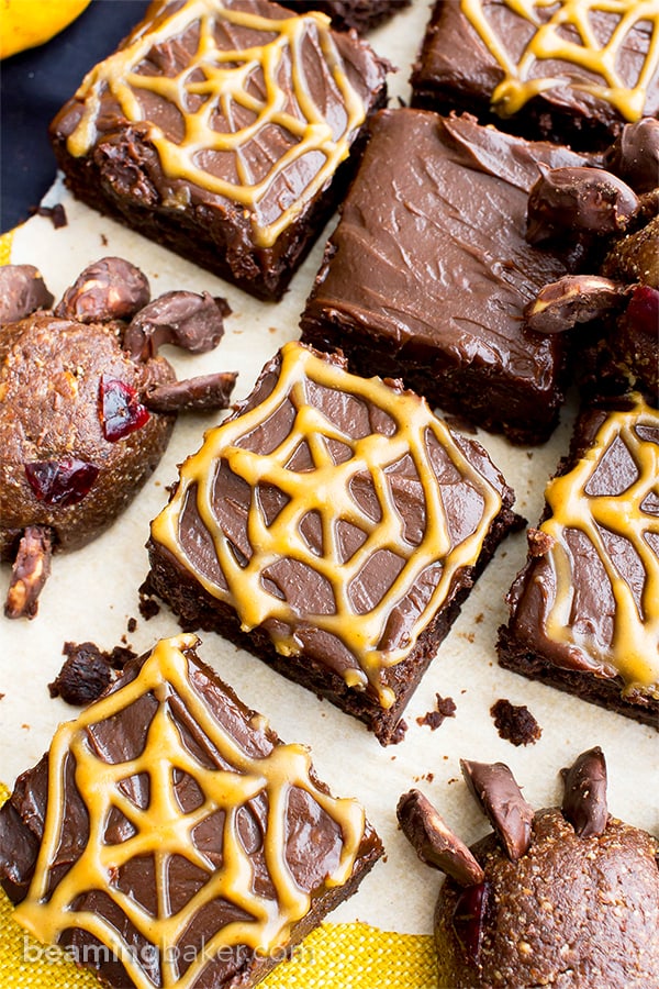 Chocolate Peanut Butter Spiderweb Brownies (V, GF, DF): a spooky Halloween recipe for decadently rich brownies covered in peanut butter spiderwebs! #Vegan #GlutenFree #DairyFree | BeamingBaker.com