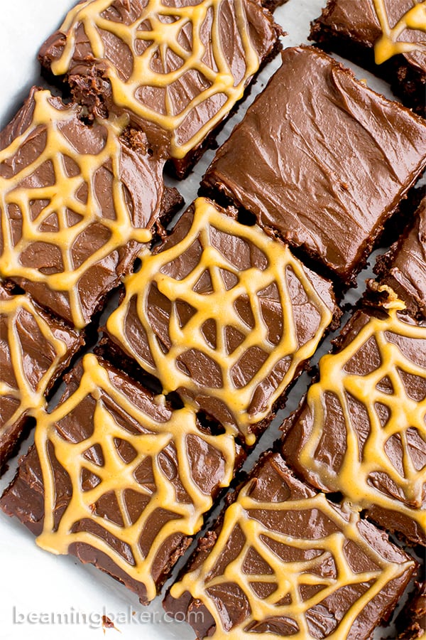 Chocolate Peanut Butter Spiderweb Brownies (V, GF, DF): a spooky Halloween recipe for decadently rich brownies covered in peanut butter spiderwebs! #Vegan #GlutenFree #DairyFree | BeamingBaker.com