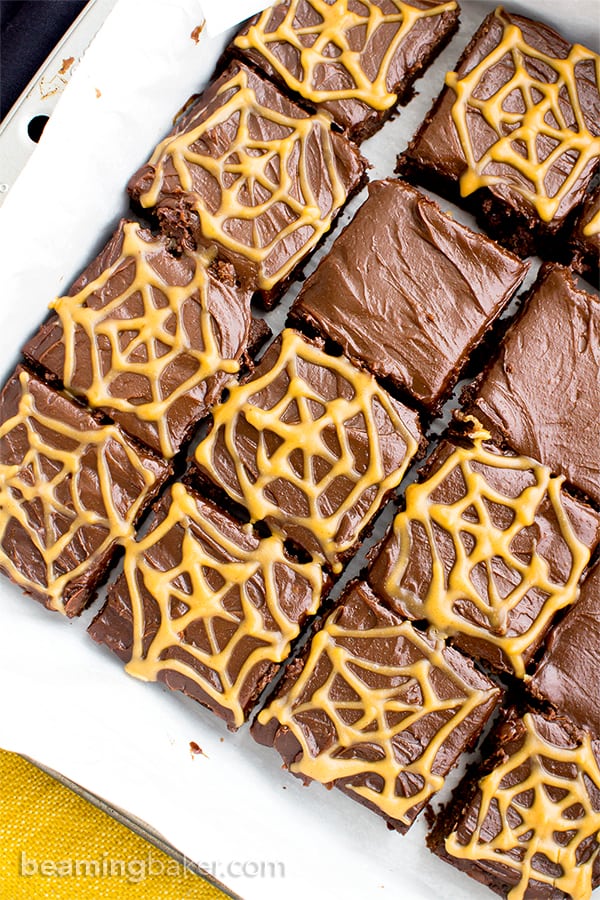 Chocolate Peanut Butter Spiderweb Brownies (V, GF, DF): a spooky Halloween recipe for decadently rich brownies covered in peanut butter spiderwebs! #Vegan #GlutenFree #DairyFree | BeamingBaker.com