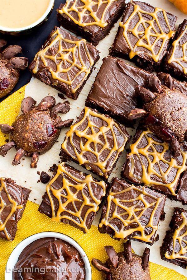 Chocolate Peanut Butter Spiderweb Brownies (V, GF, DF): a spooky Halloween recipe for decadently rich brownies covered in peanut butter spiderwebs! #Vegan #GlutenFree #DairyFree | BeamingBaker.com