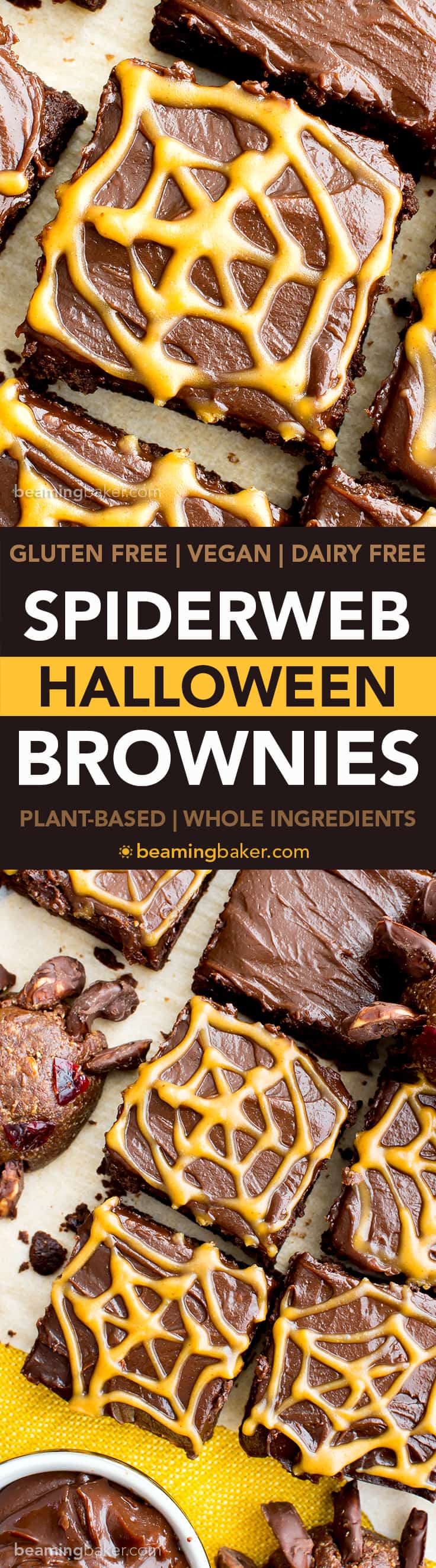 Chocolate Peanut Butter Spiderweb Brownies (V, GF, DF): a spooky Halloween recipe for decadently rich brownies covered in peanut butter spiderwebs! #Vegan #GlutenFree #DairyFree | BeamingBaker.com