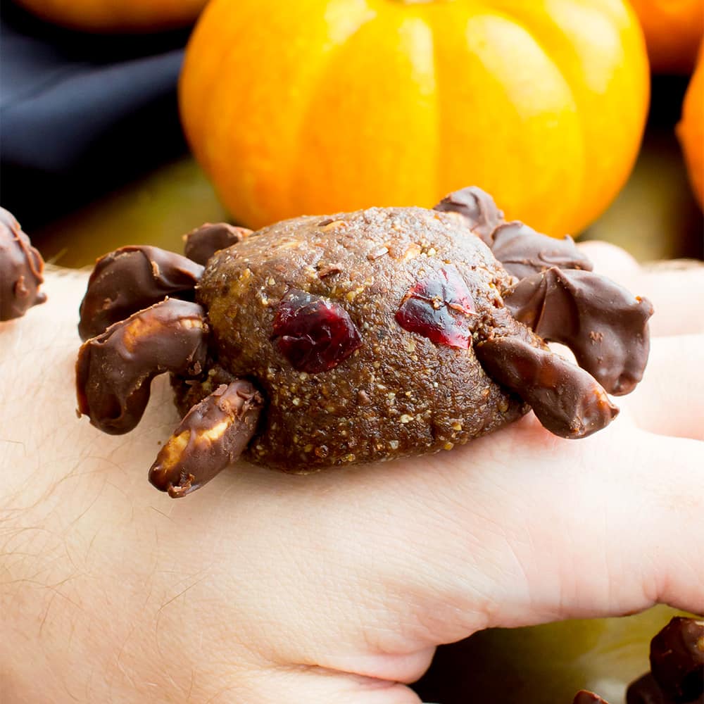 Vegan Halloween Spider Treats (V, GF, Paleo): an 8 ingredient recipe for super fun no bake spider treats packed with fruits and nuts for Halloween! #Vegan #Paleo #GlutenFree #DairyFree | BeamingBaker.com | @BeamingBaker