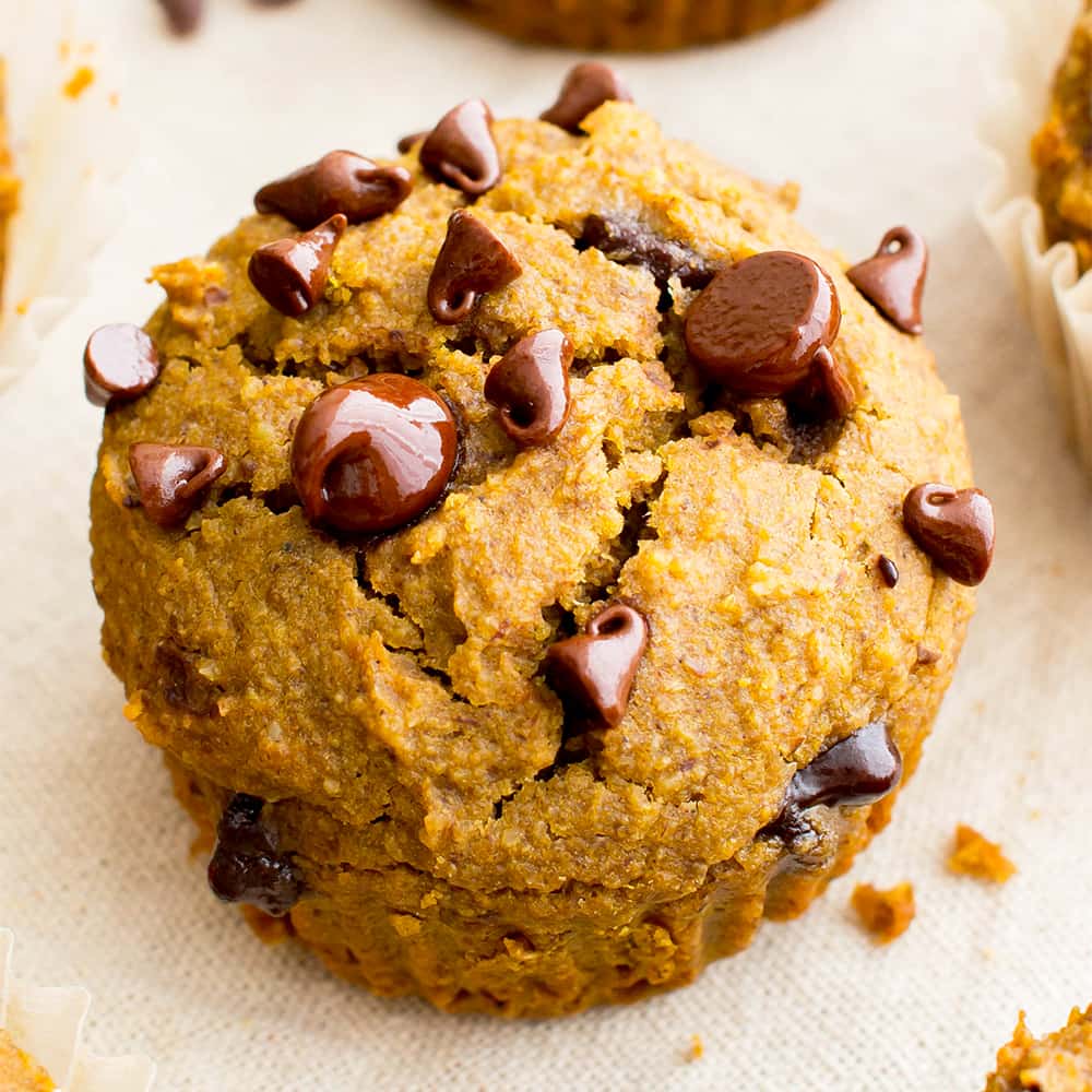 One Bowl Gluten Free Pumpkin Chocolate Chip Muffins (V, GF, DF): a one bowl recipe for perfectly moist pumpkin chocolate chip muffins made with whole ingredients. #Vegan #GlutenFree #DairyFree | BeamingBaker.com