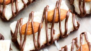 Paleo Almond Joy (V, GF, DF): a 5-ingredient recipe for deliciously satisfying homemade Almond Joy candy bars bursting with coconut and chocolate. #Paleo #Vegan #GlutenFree #DairyFree | BeamingBaker.com | @BeamingBaker