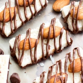 Paleo Almond Joy (V, GF, DF): a 5-ingredient recipe for deliciously satisfying homemade Almond Joy candy bars bursting with coconut and chocolate. #Paleo #Vegan #GlutenFree #DairyFree | BeamingBaker.com | @BeamingBaker