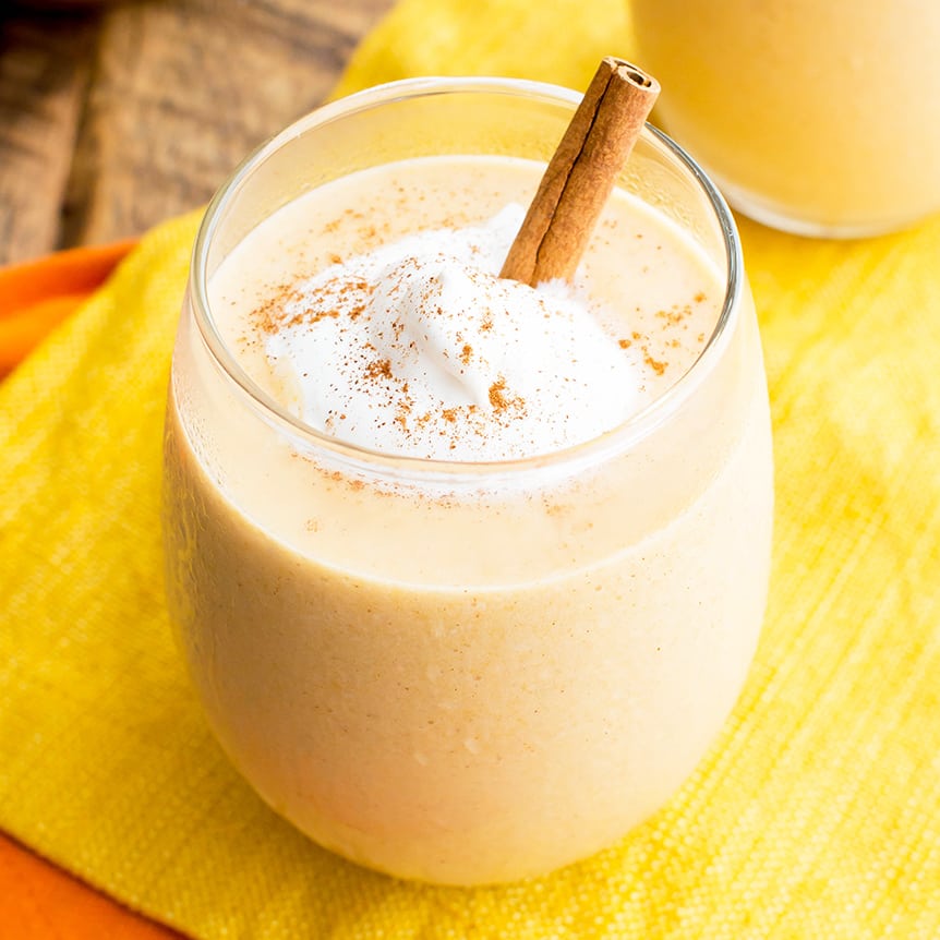 Vegan Pumpkin Pie Smoothie (P, V, GF, DF): a 6 ingredient recipe for creamy, thick pumpkin pie smoothies bursting with fall flavor. #Vegan #Paleo #GlutenFree #DairyFree | BeamingBaker.com