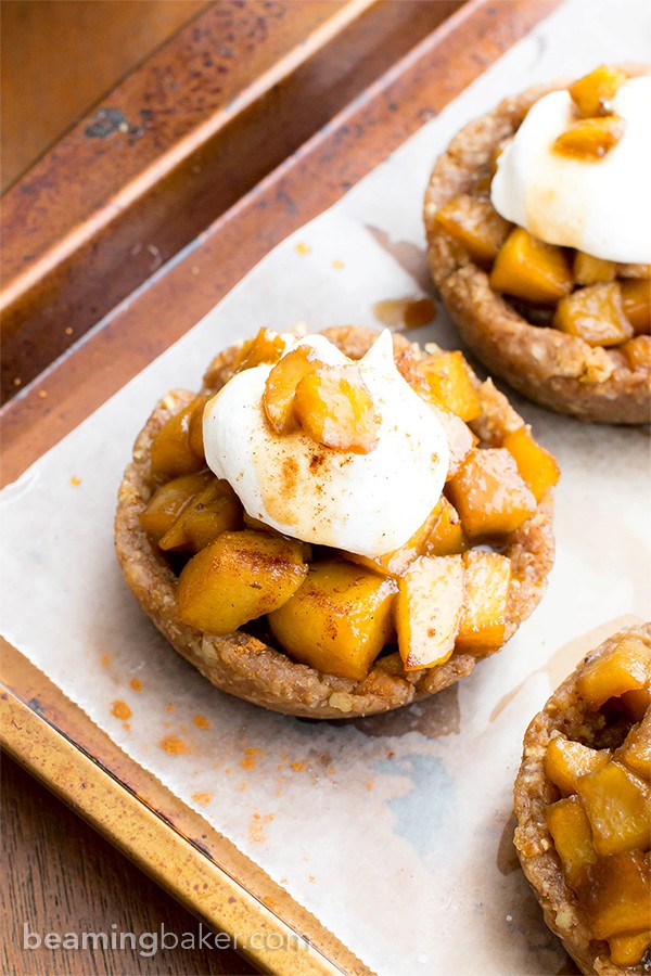 No Bake Caramel Apple Tartlets (V+GF): a whole ingredient recipe for mini caramel pecan tarts bursting with sweet apple flavor. #Vegan #GlutenFree #DairyFree | BeamingBaker.com | @BeamingBaker