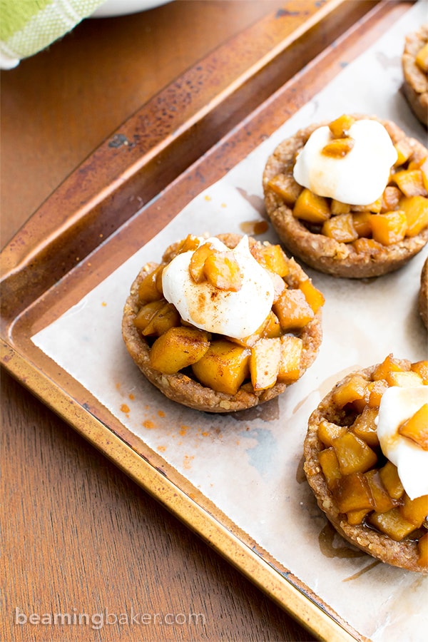 No Bake Caramel Apple Tartlets (V+GF): a whole ingredient recipe for mini caramel pecan tarts bursting with sweet apple flavor. #Vegan #GlutenFree #DairyFree | BeamingBaker.com | @BeamingBaker