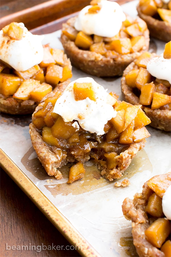 No Bake Caramel Apple Tartlets (V+GF): a whole ingredient recipe for mini caramel pecan tarts bursting with sweet apple flavor. #Vegan #GlutenFree #DairyFree | BeamingBaker.com | @BeamingBaker