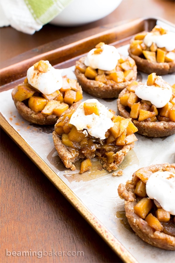 No Bake Caramel Apple Tartlets (V+GF): a whole ingredient recipe for mini caramel pecan tarts bursting with sweet apple flavor. #Vegan #GlutenFree #DairyFree | BeamingBaker.com | @BeamingBaker