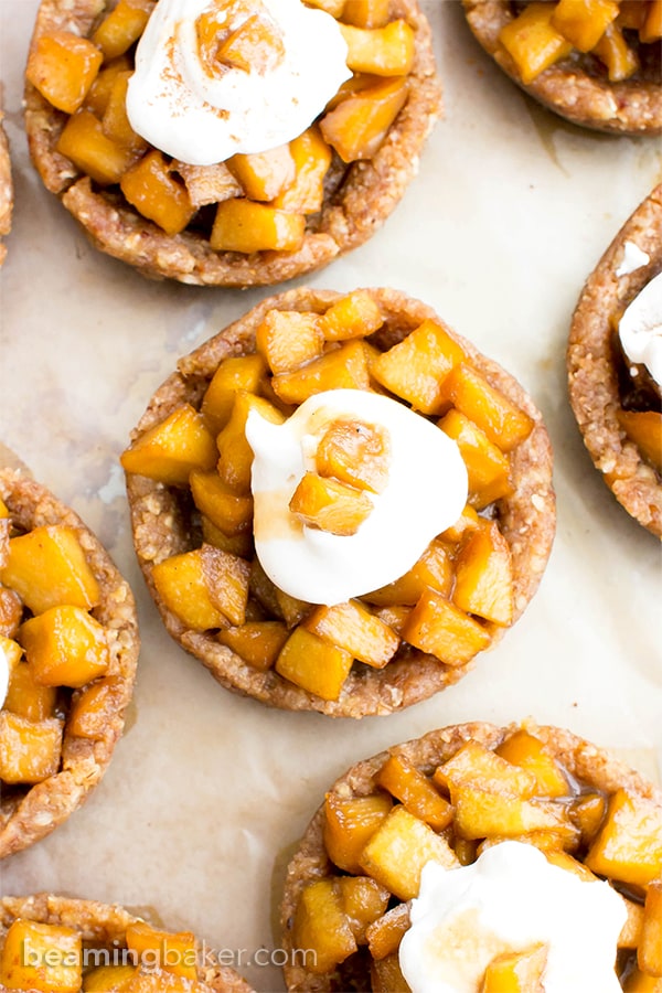 No Bake Caramel Apple Tartlets (V+GF): a whole ingredient recipe for mini caramel pecan tarts bursting with sweet apple flavor. #Vegan #GlutenFree #DairyFree | BeamingBaker.com | @BeamingBaker