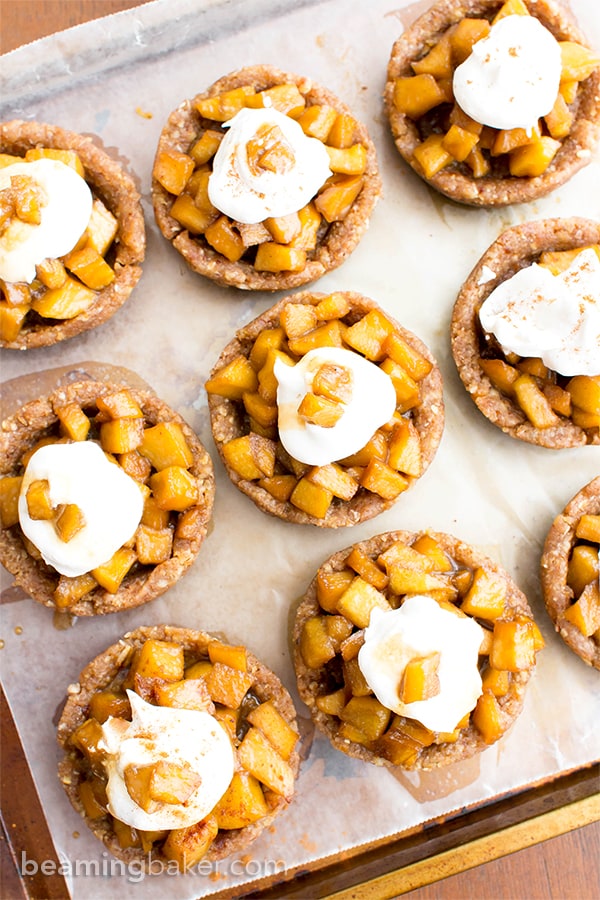 No Bake Caramel Apple Tartlets (V+GF): a whole ingredient recipe for mini caramel pecan tarts bursting with sweet apple flavor. #Vegan #GlutenFree #DairyFree | BeamingBaker.com | @BeamingBaker