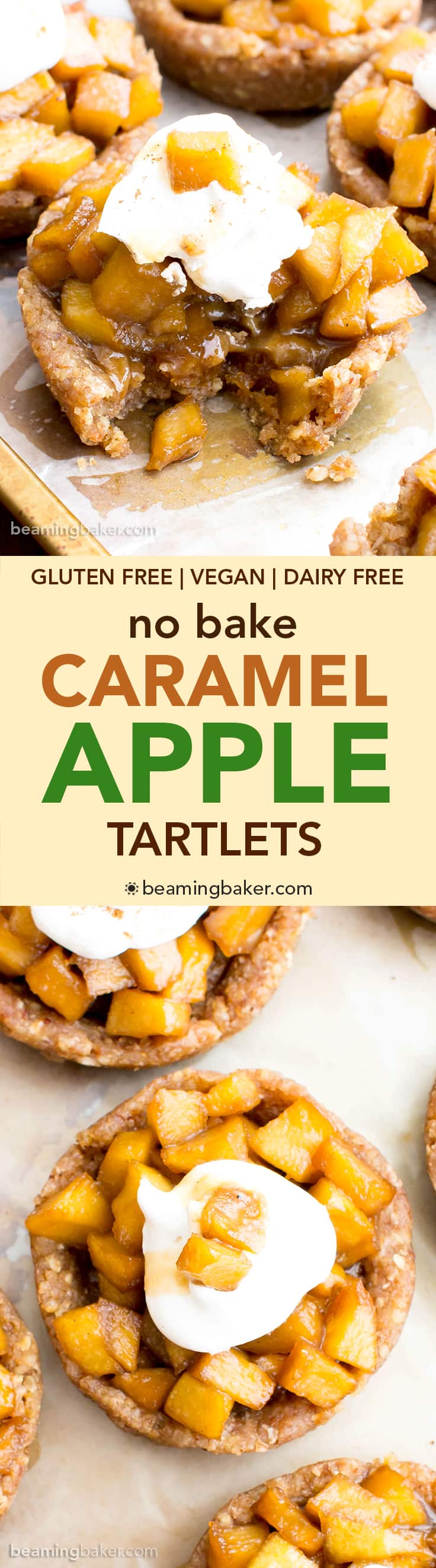 No Bake Caramel Apple Tartlets (V+GF): a whole ingredient recipe for mini caramel pecan tarts bursting with sweet apple flavor. #Vegan #GlutenFree #DairyFree | BeamingBaker.com | @BeamingBaker