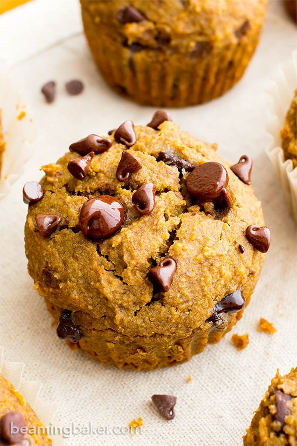 One Bowl Gluten Free Pumpkin Chocolate Chip Muffins (V, GF, DF): a one bowl recipe for perfectly moist pumpkin chocolate chip muffins made with whole ingredients. #Vegan #GlutenFree #DairyFree | BeamingBaker.com