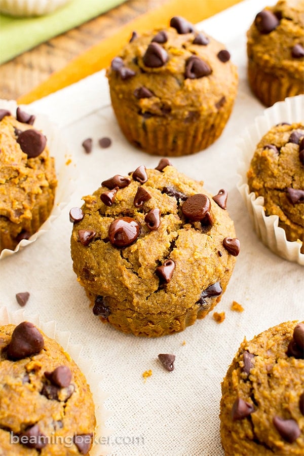 One Bowl Gluten Free Pumpkin Chocolate Chip Muffins (V, GF, DF): a one bowl recipe for perfectly moist pumpkin chocolate chip muffins made with whole ingredients. #Vegan #GlutenFree #DairyFree | BeamingBaker.com