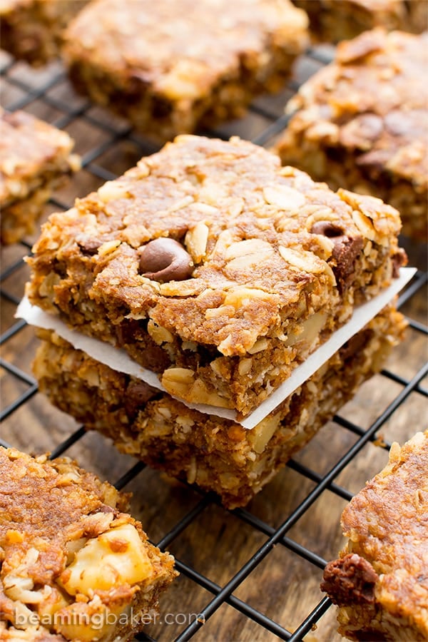 Super close view of dairy free oatmeal bars on a cooling rack
