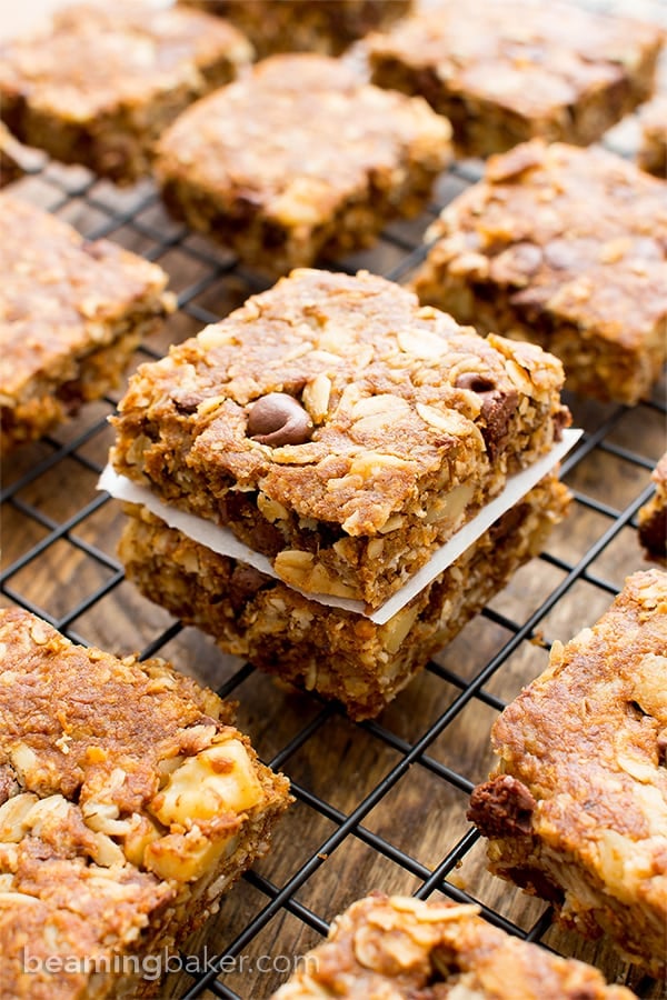 Far View of Two Vegan Breakfast Bars Stacked on Cooling Rack