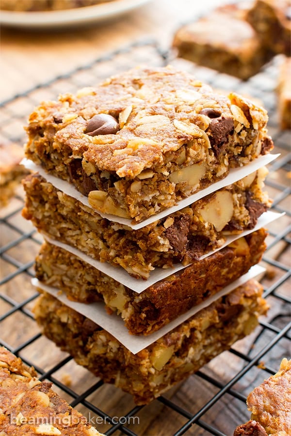 Closeup View of Tall Stack of Vegan oatmeal bars with more bars behind