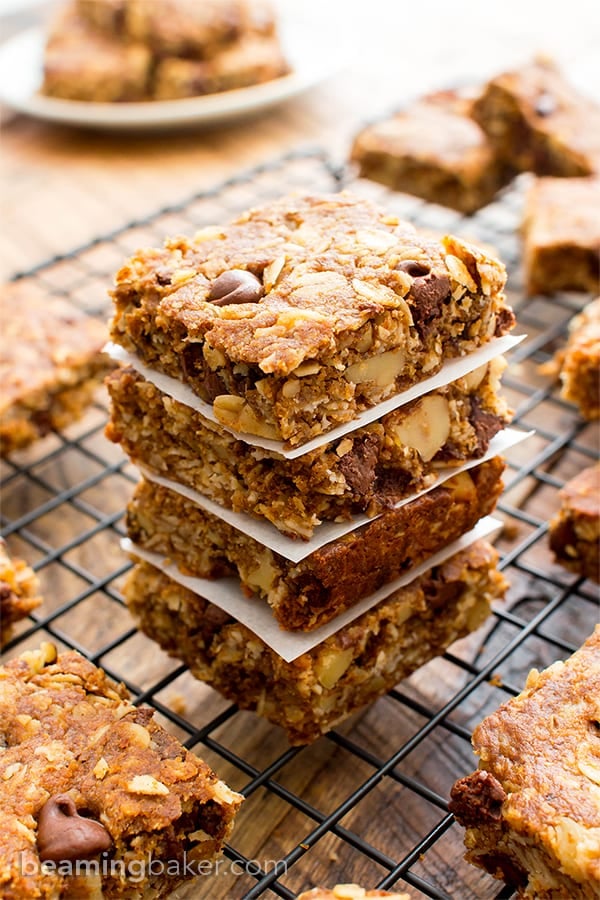 Far View of 4 gluten free oatmeal bars stacked on top of each other