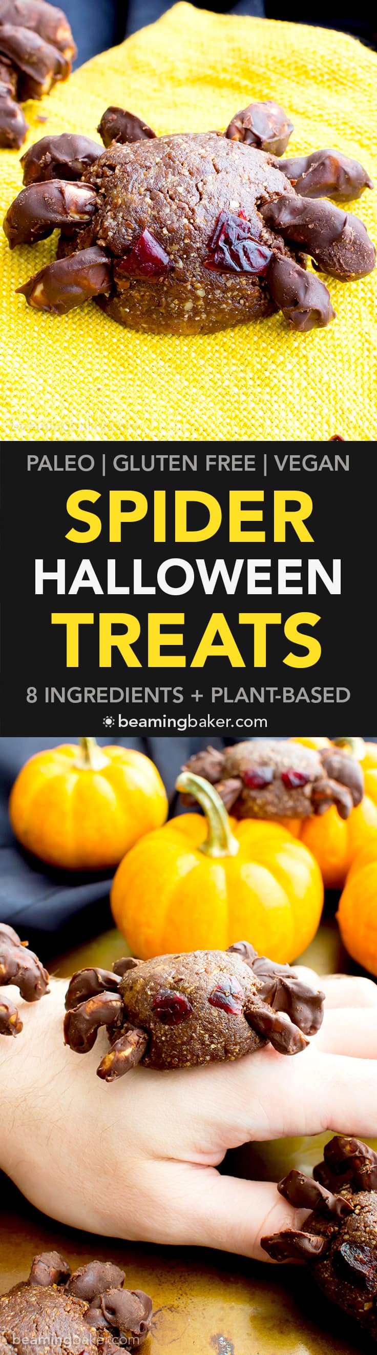Vegan Halloween Spider Treats (V, GF, Paleo): an 8 ingredient recipe for super fun no bake spider treats packed with fruits and nuts for Halloween! #Vegan #Paleo #GlutenFree #DairyFree | BeamingBaker.com | @BeamingBaker
