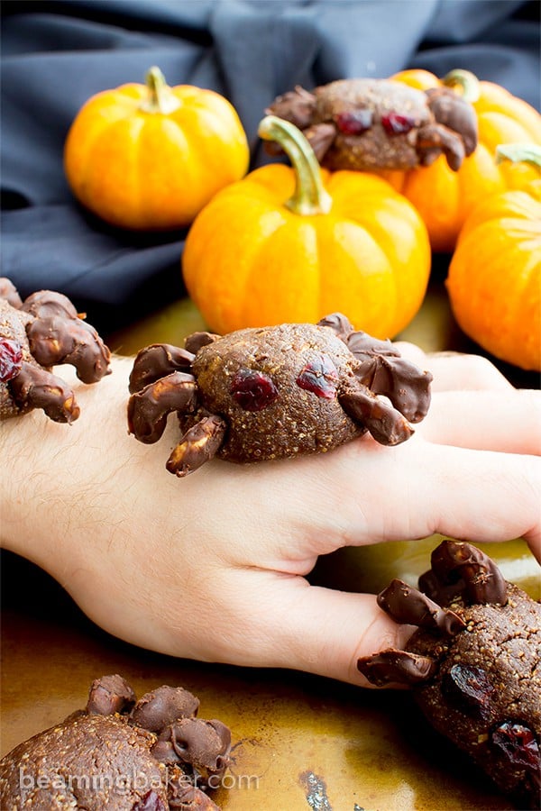 Vegan Halloween Spider Treats (V, GF, Paleo): an 8 ingredient recipe for super fun no bake spider treats packed with fruits and nuts for Halloween! #Vegan #Paleo #GlutenFree #DairyFree | BeamingBaker.com | @BeamingBaker