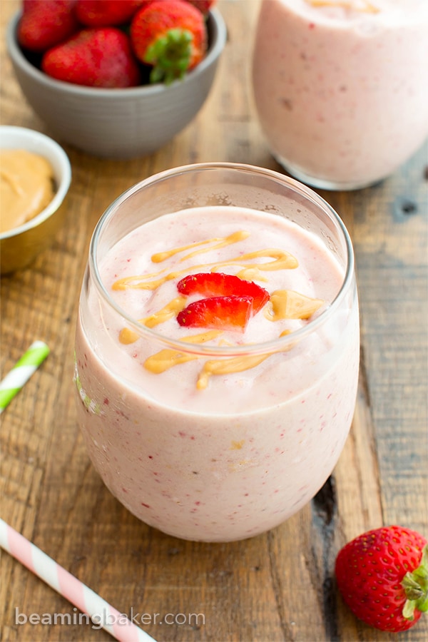 Vegan Strawberry Peanut Butter Smoothie (V+GF): an easy 4 ingredient recipe for protein-rich, creamy smoothies bursting with strawberry and PB flavor. #Vegan #GlutenFree #DairyFree | BeamingBaker.com