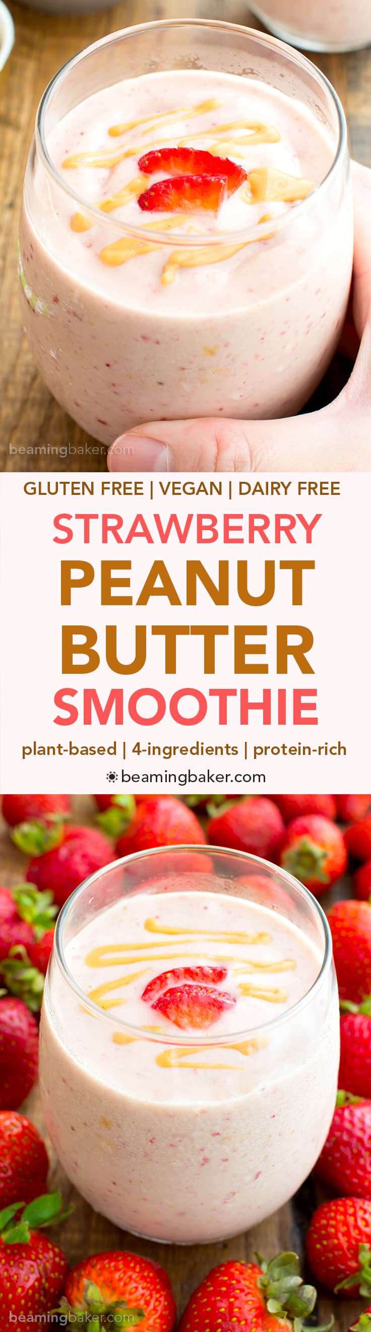Vegan Strawberry Peanut Butter Smoothie (V+GF): an easy 4 ingredient recipe for protein-rich, creamy smoothies bursting with strawberry and PB flavor. #Vegan #GlutenFree #DairyFree | BeamingBaker.com