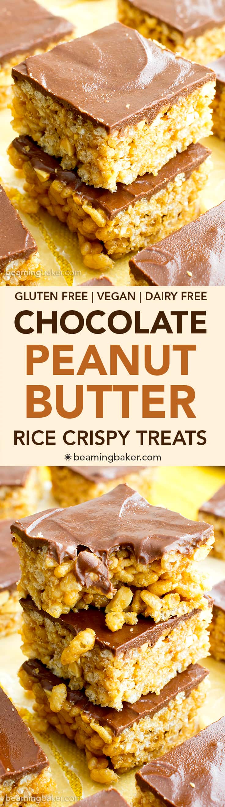 Chocolate Peanut Butter Rice Crispy Treats (V, GF, DF): an easy 5 ingredient recipe for chocolate-topped PB rice crispy treats that taste like peanut butter cups. #Vegan #GlutenFree #DairyFree | BeamingBaker.com