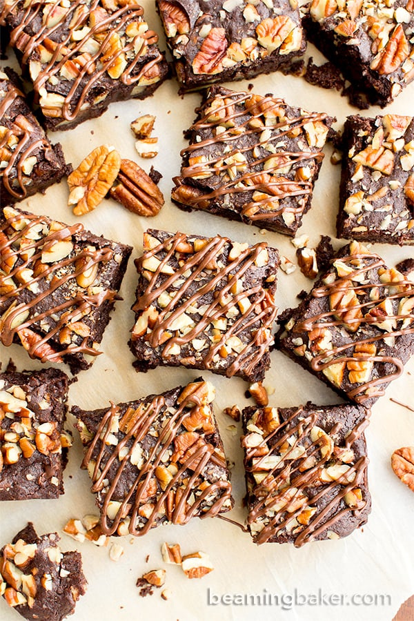 Double Chocolate Pecan Brownies (V, GF, DF): an easy recipe for rich, fudgy brownies packed with pecans and chocolate drizzle. #Vegan #GlutenFree #DairyFree | BeamingBaker.com