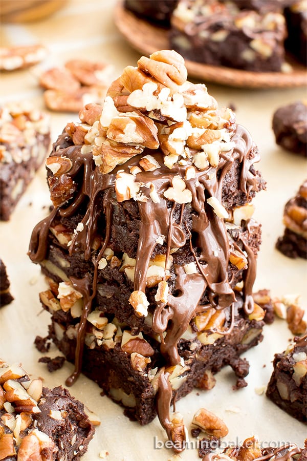 Double Chocolate Pecan Brownies (V, GF, DF): an easy recipe for rich, fudgy brownies packed with pecans and chocolate drizzle. #Vegan #GlutenFree #DairyFree | BeamingBaker.com