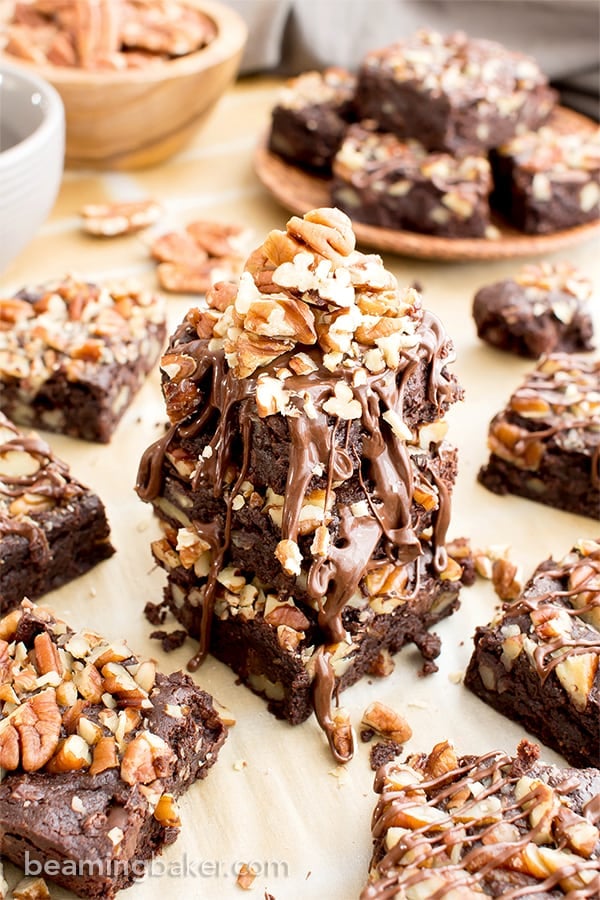 Double Chocolate Pecan Brownies (V, GF, DF): an easy recipe for rich, fudgy brownies packed with pecans and chocolate drizzle. #Vegan #GlutenFree #DairyFree | BeamingBaker.com