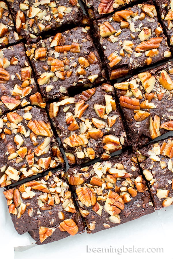 Double Chocolate Pecan Brownies (V, GF, DF): an easy recipe for rich, fudgy brownies packed with pecans and chocolate drizzle. #Vegan #GlutenFree #DairyFree | BeamingBaker.com