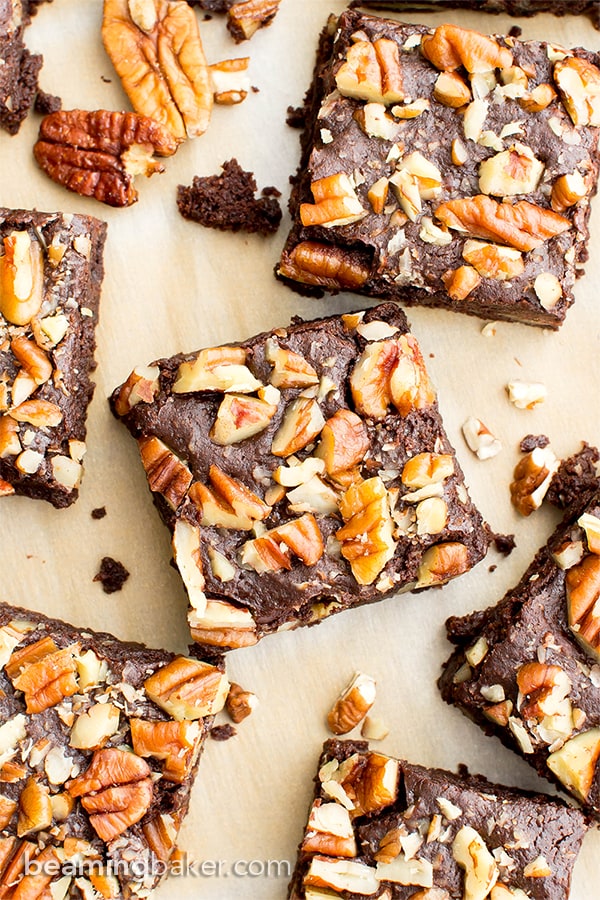 Double Chocolate Pecan Brownies (V, GF, DF): an easy recipe for rich, fudgy brownies packed with pecans and chocolate drizzle. #Vegan #GlutenFree #DairyFree | BeamingBaker.com